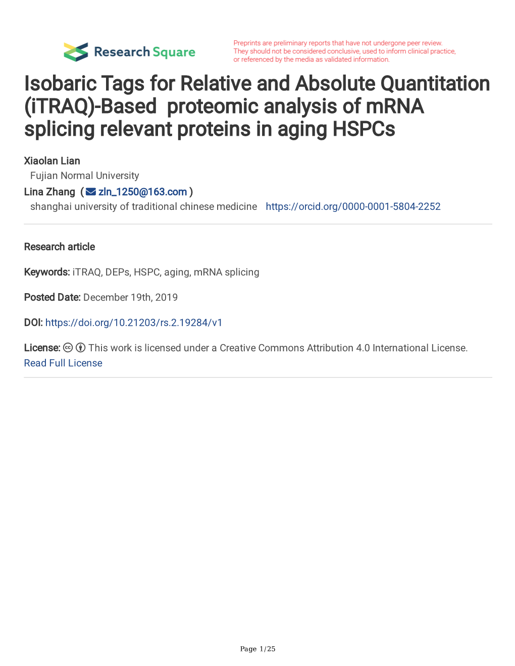 Based Proteomic Analysis of Mrna Splicing Relevant Proteins in Aging Hspcs