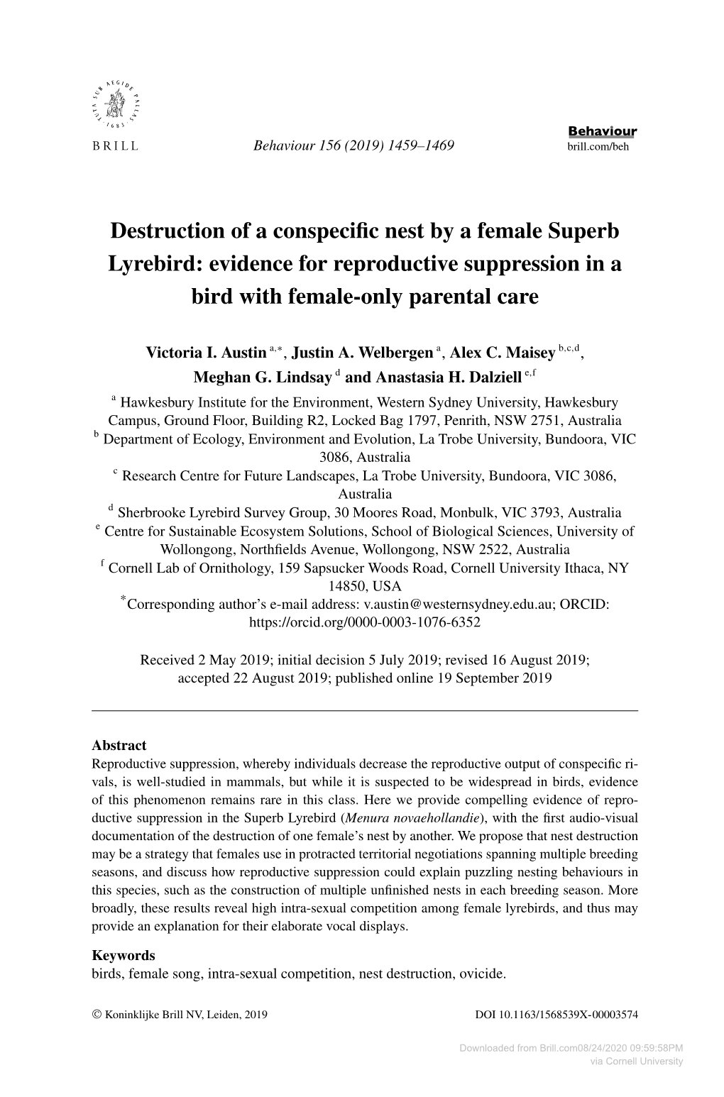 Destruction of a Conspecific Nest by a Female Superb Lyrebird: Evidence