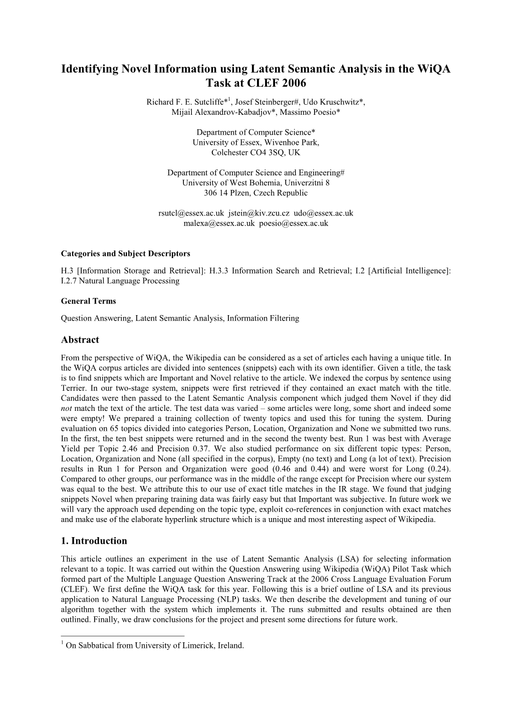 Identifying Novel Information Using Latent Semantic Analysis in the Wiqa Task at CLEF 2006