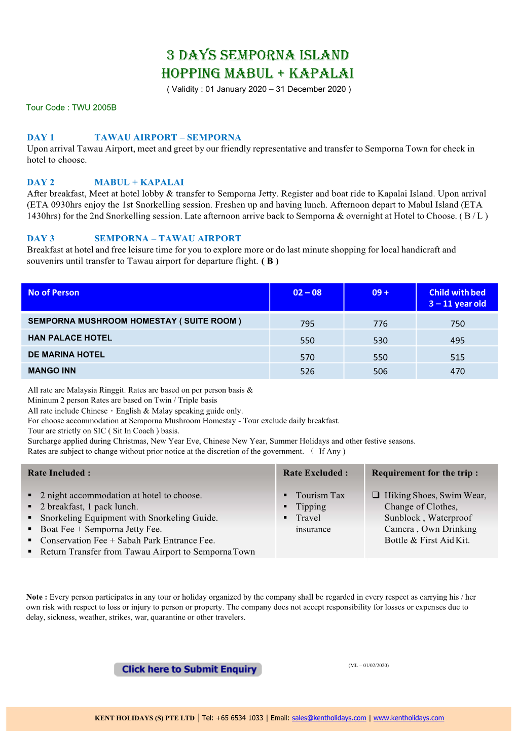 3 Days Semporna Island Hopping Mabul + Kapalai ( Validity : 01 January 2020 – 31 December 2020 )