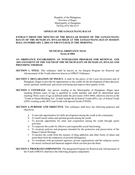 Republic of the Philippines Province of Ifugao Municipality of Hungduan Tel/Fax (074 386-4115