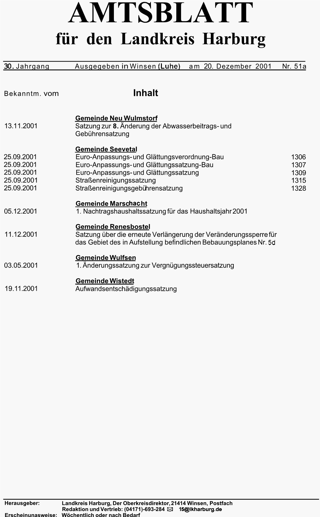 Gemeinde Wistedt 19.11.2001 Aufwandsentschädigungssatzung