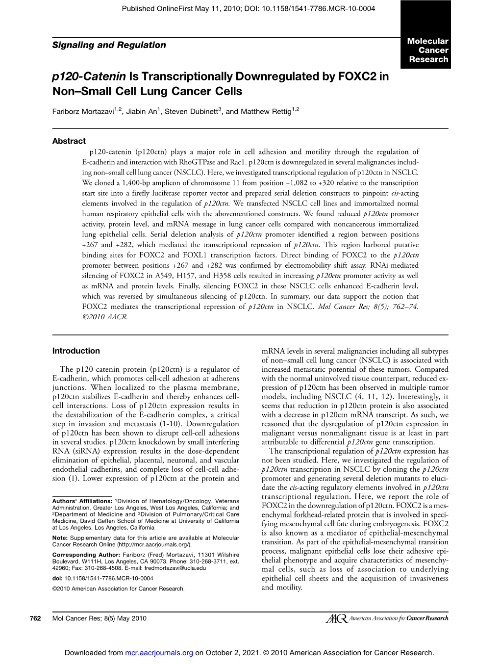 P120-Catenin Is Transcriptionally Downregulated by FOXC2 in Non–Small Cell Lung Cancer Cells