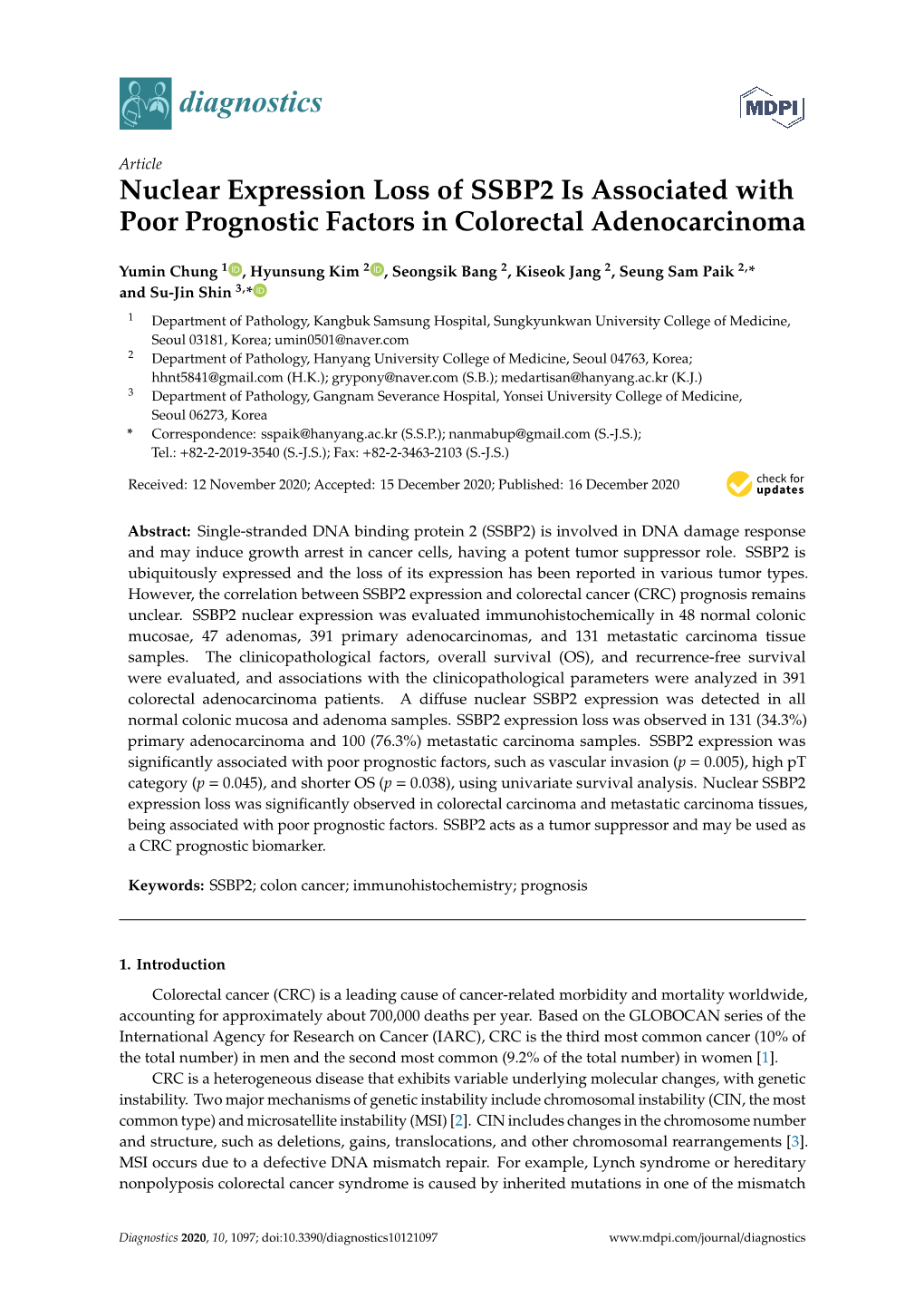 Nuclear Expression Loss of SSBP2 Is Associated with Poor Prognostic Factors in Colorectal Adenocarcinoma