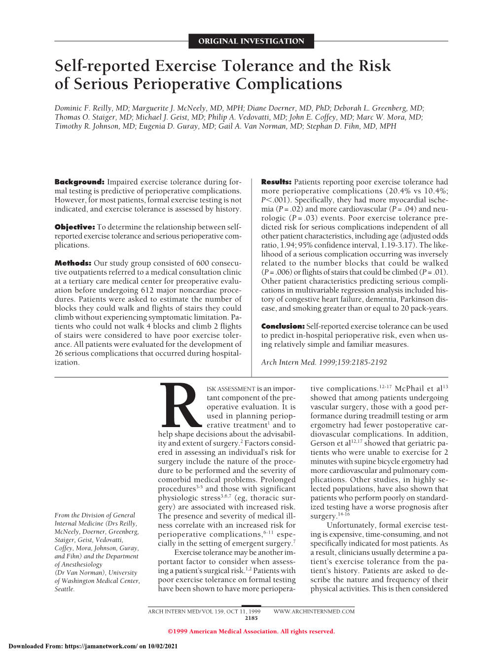 Self-Reported Exercise Tolerance and the Risk of Serious Perioperative Complications