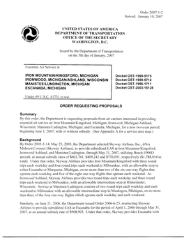 United States of America Department of Transportation Office of the Secretary Washington, D.C