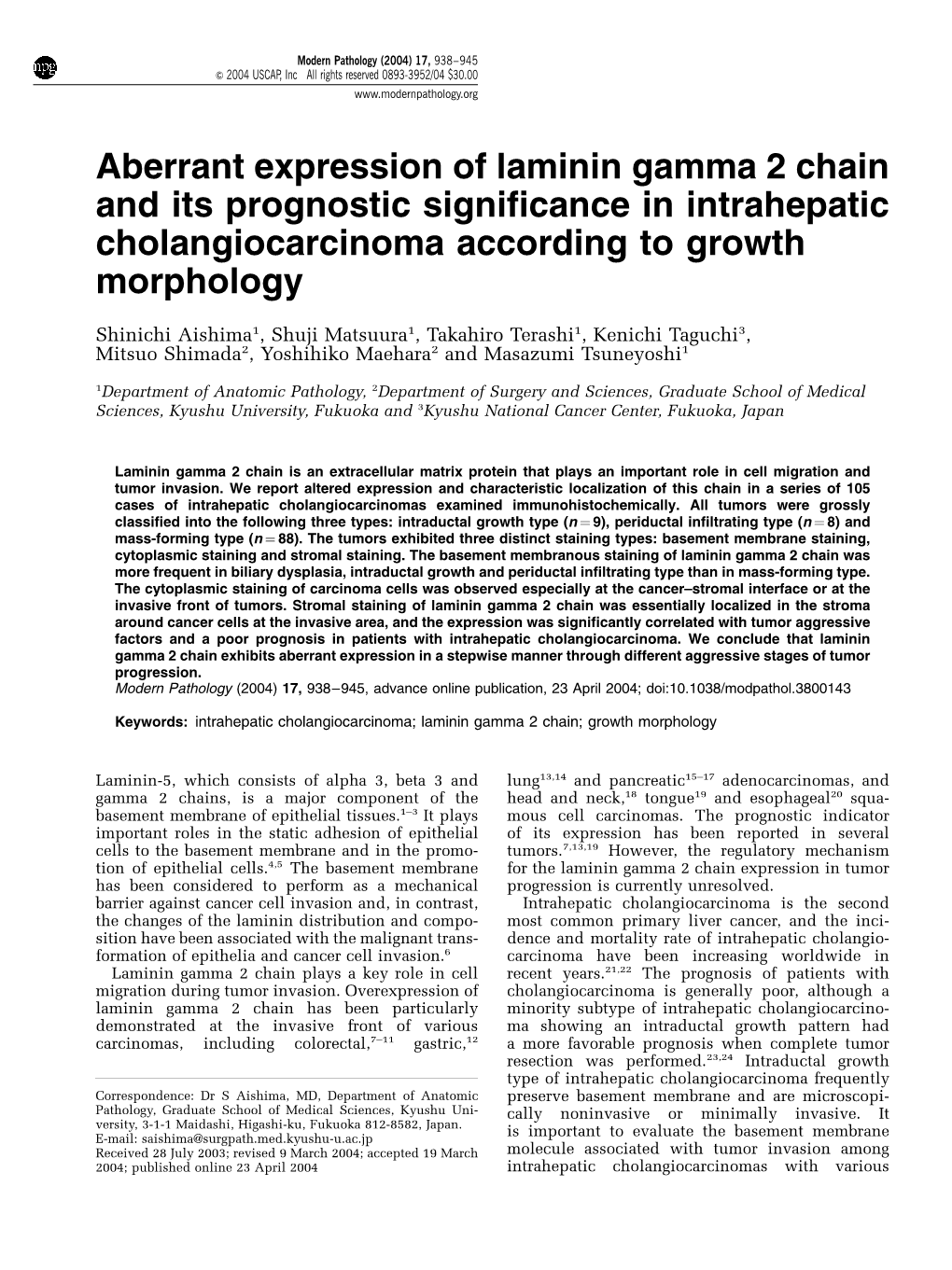 Aberrant Expression of Laminin Gamma 2 Chain and Its Prognostic Significance in Intrahepatic Cholangiocarcinoma According to Growth Morphology