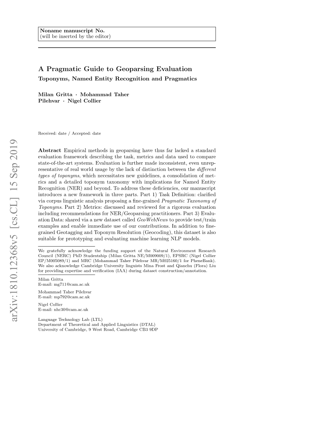 Arxiv:1810.12368V5 [Cs.CL] 15 Sep 2019