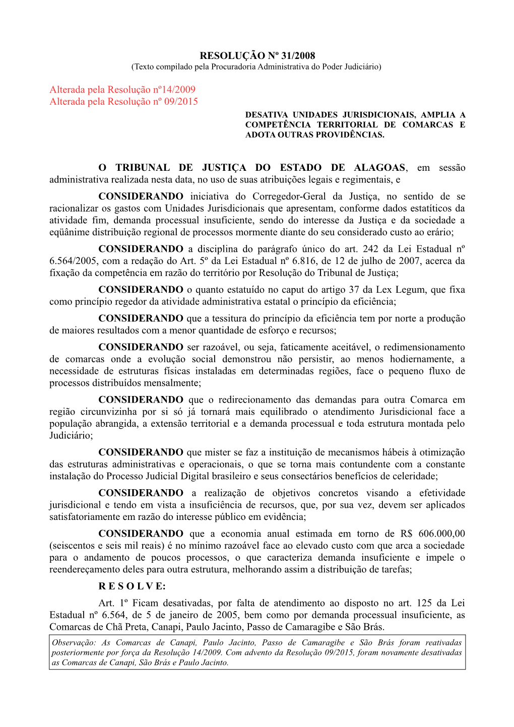 RESOLUÇÃO Nº 31/2008 Alterada Pela Resolução Nº14/2009 Alterada