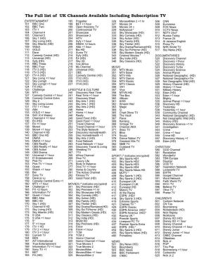 The Full List of UK Channels Available Including Subscription TV