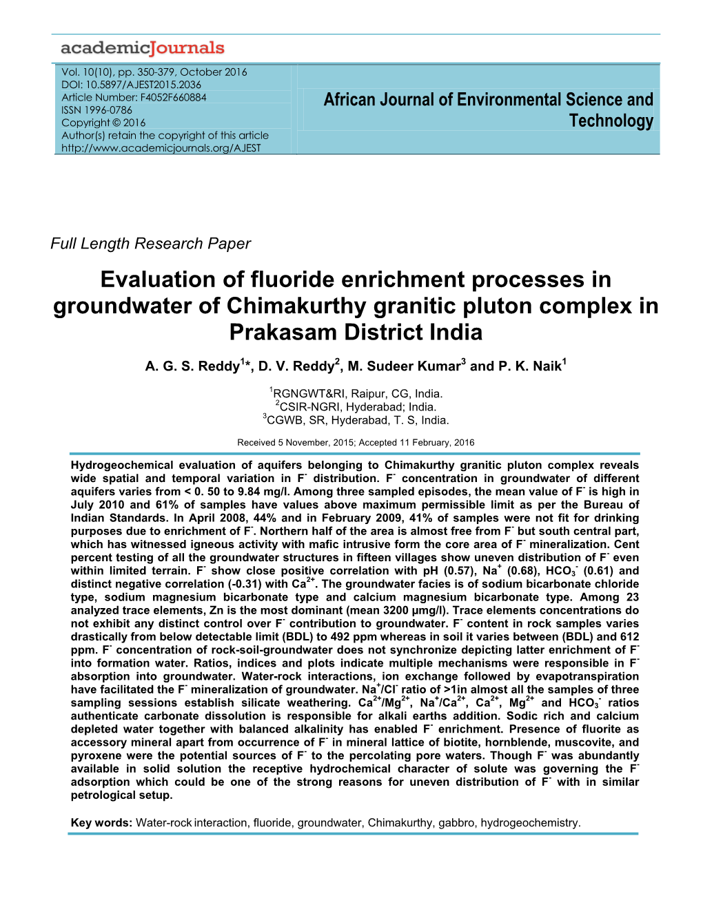 Evaluation of Fluoride Enrichment Processes in Groundwater of Chimakurthy Granitic Pluton Complex in Prakasam District India