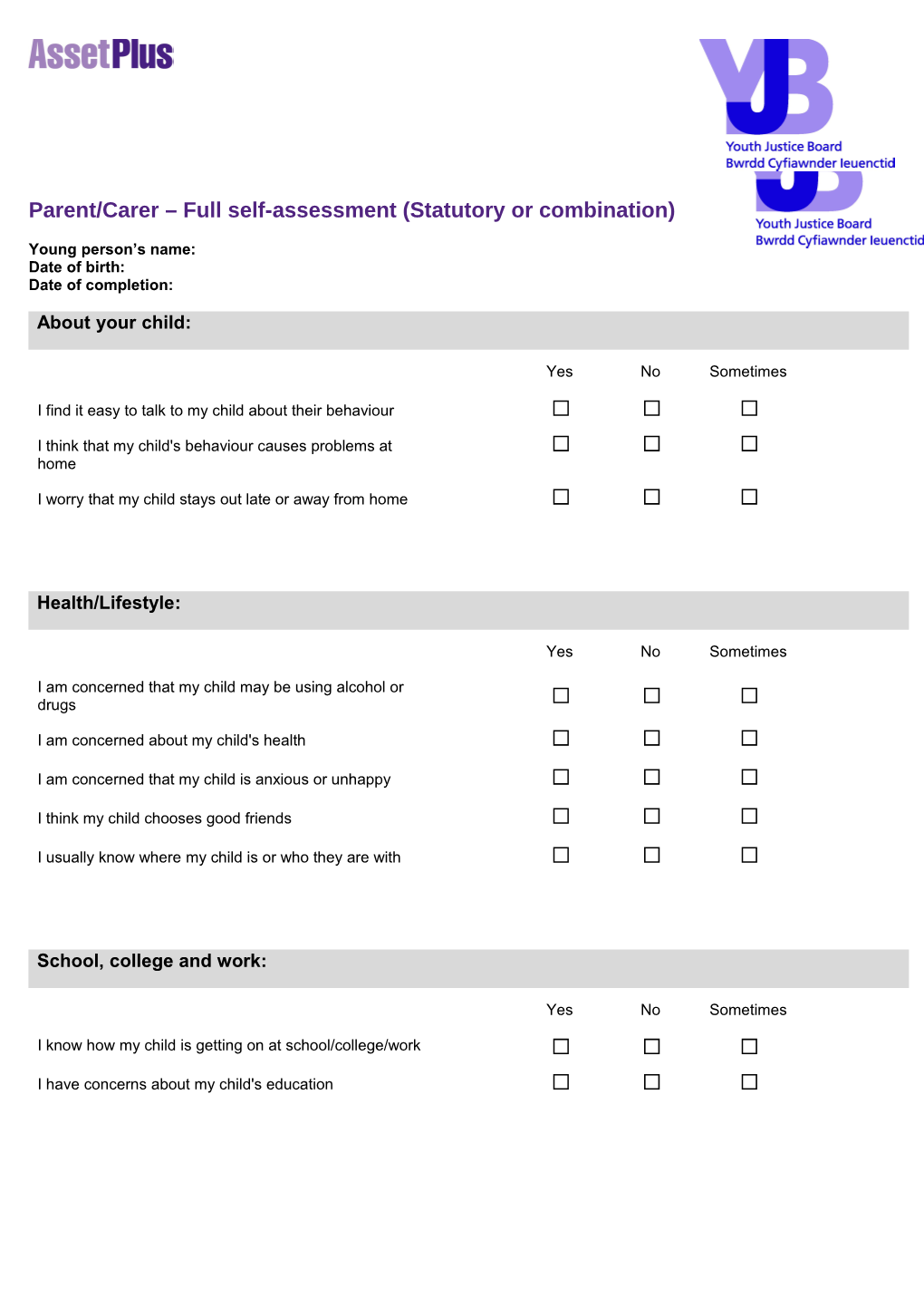 Parent/Carer Full Self-Assessment (Statutory Or Combination)