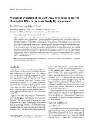 Molecular Evolution of the Atpb-Rbcl Noncoding Spacer of Chloroplast DNA in the Moss Family Hylocomiaceae