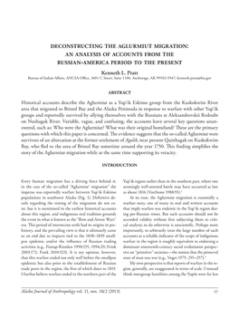 Deconstructing the Aglurmiut Migration an Analysis of Accounts from the Russian-America Period to the Present Kenneth L. Pratt