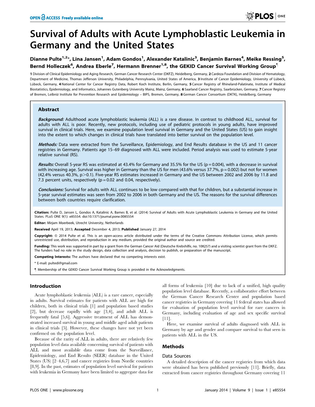 Survival of Adults with Acute Lymphoblastic Leukemia in Germany and the United States