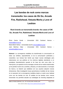 Las Bandas De Rock Como Marcas Transmedia: Los Casos De Ok Go, Arcade Fire, Radiohead, Vetusta Morla Y Love of Lesbian