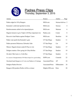 Padres Press Clips Thursday, September 3, 2015