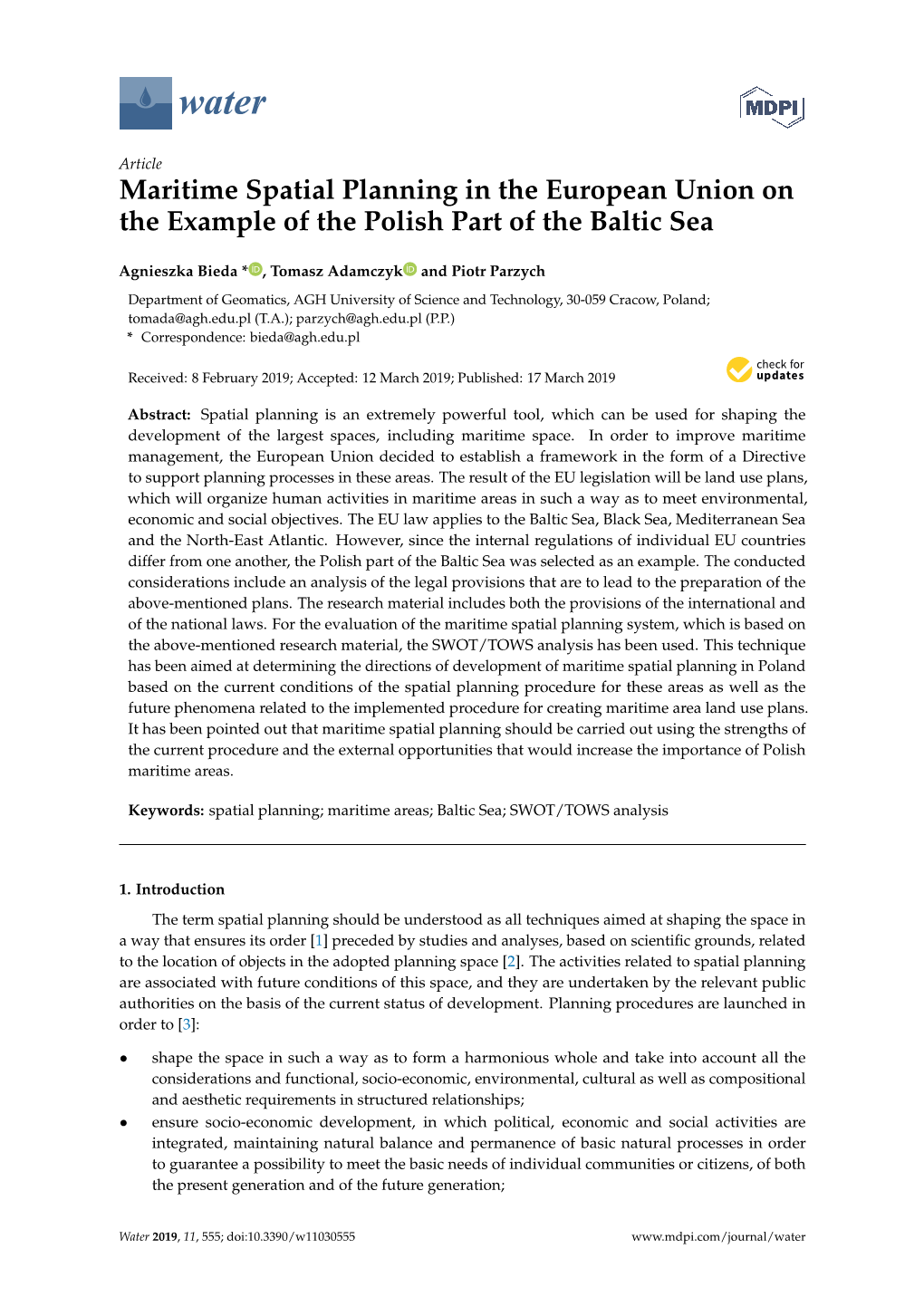 Maritime Spatial Planning in the European Union on the Example of the Polish Part of the Baltic Sea