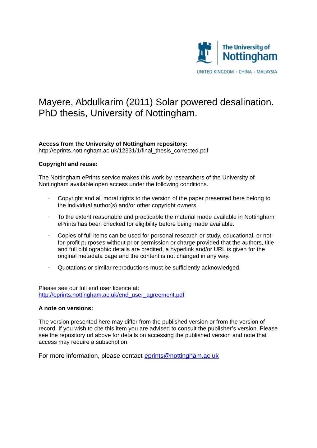 (2011) Solar Powered Desalination. Phd Thesis, University of Nottingham