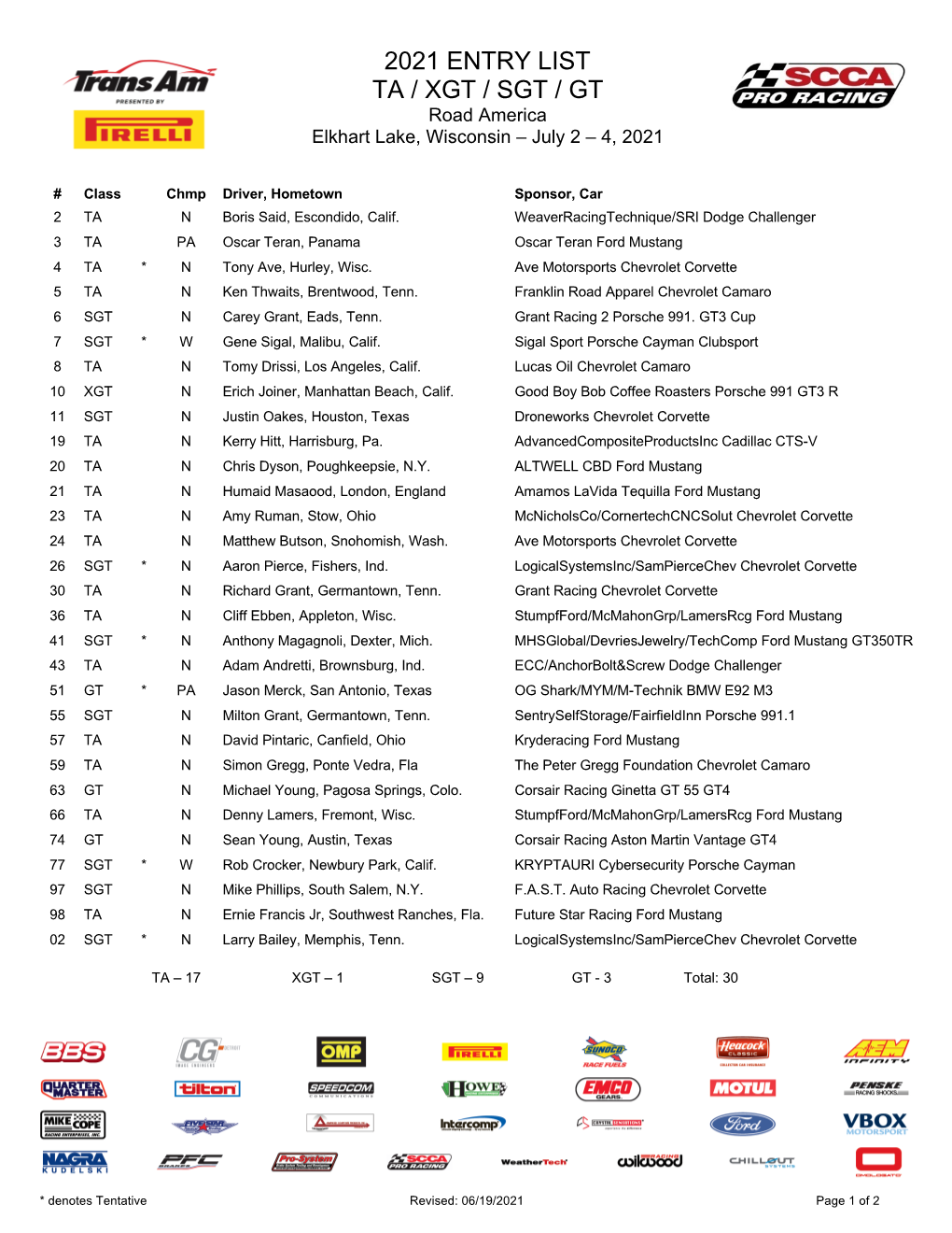 2021 ENTRY LIST TA / XGT / SGT / GT Road America Elkhart Lake, Wisconsin – July 2 – 4, 2021