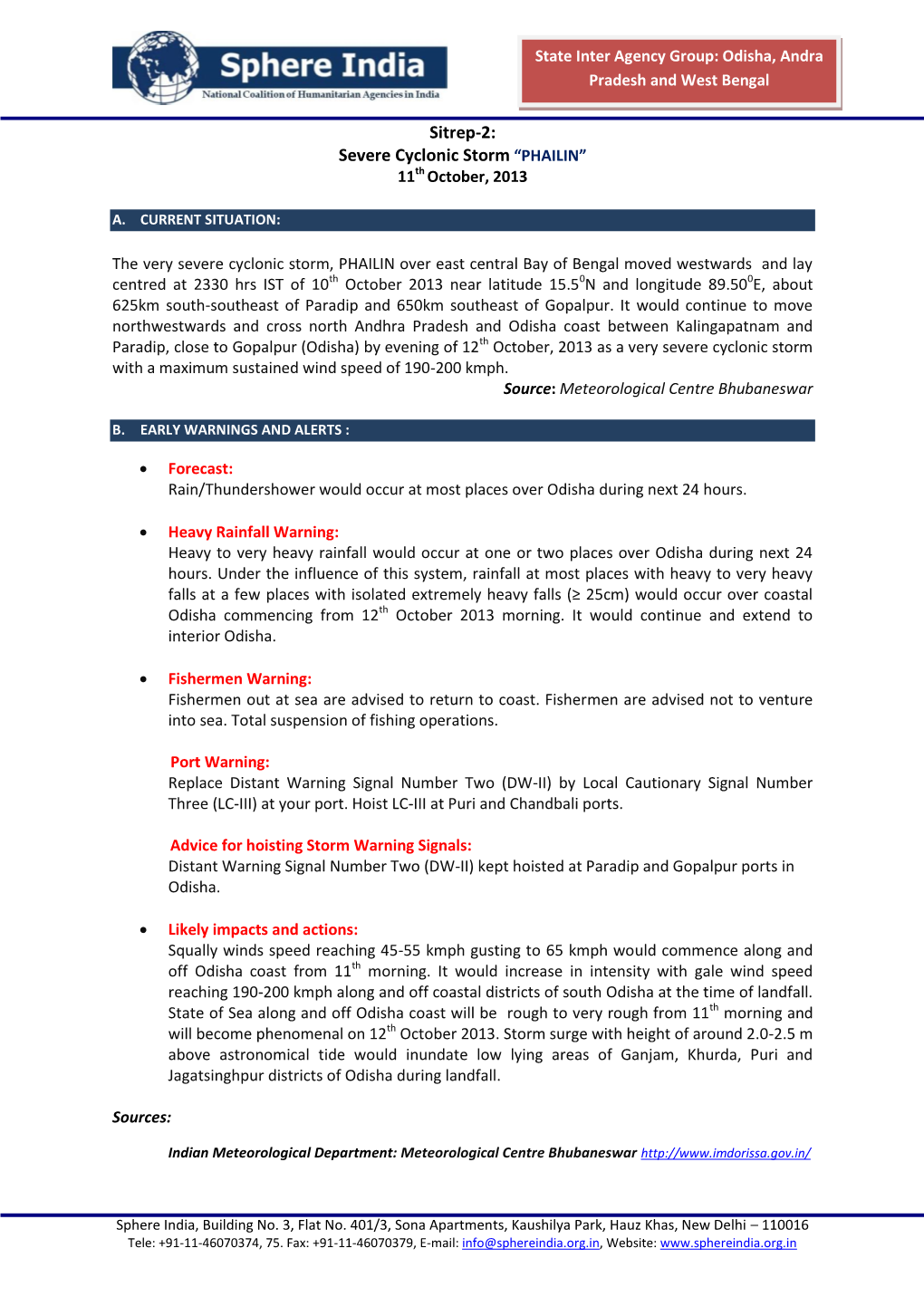 Sitrep-2: Severe Cyclonic Storm “PHAILIN” 11Th October, 2013