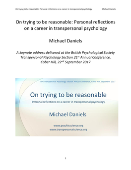 Personal Reflections on a Career in Transpersonal Psychology Michael Daniels