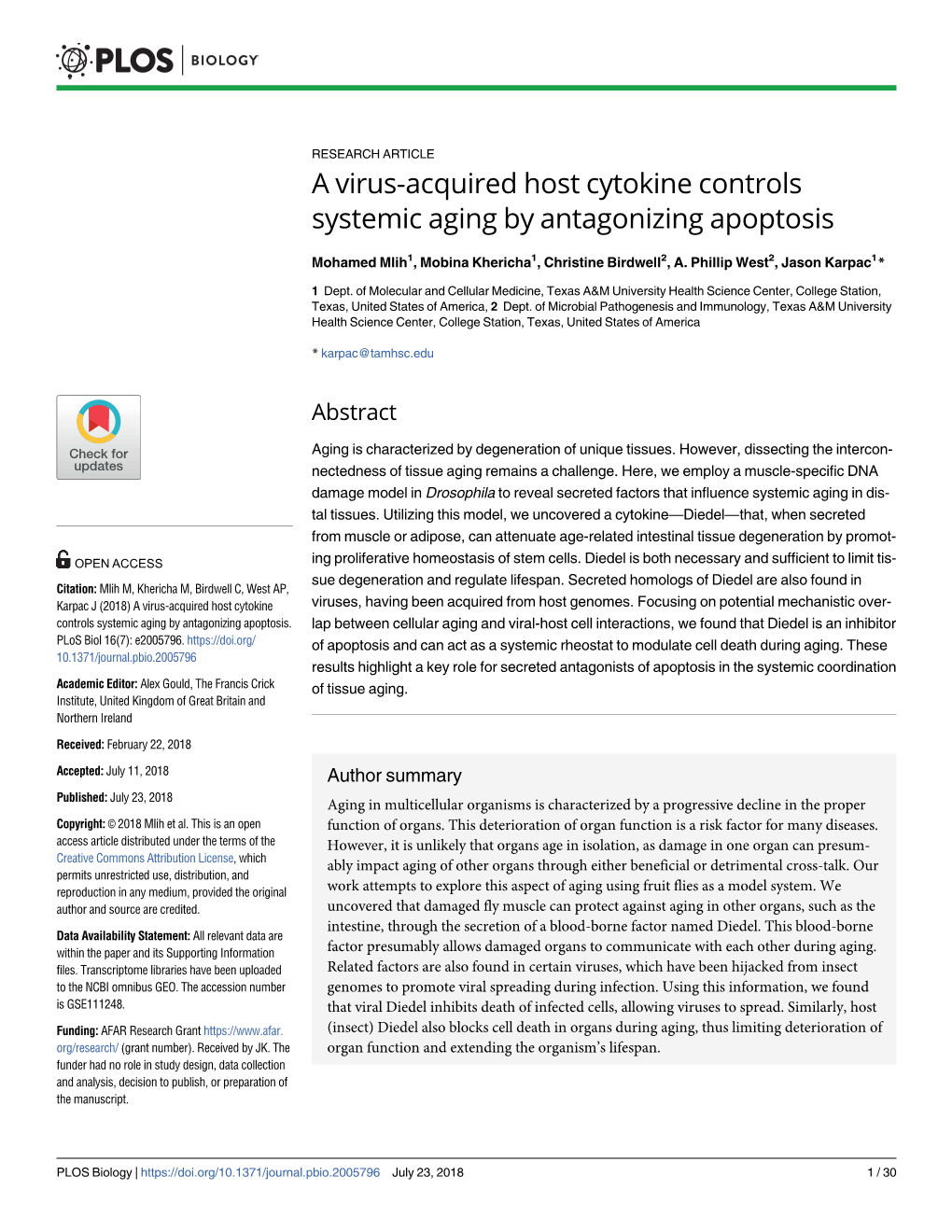 A Virus-Acquired Host Cytokine Controls Systemic Aging by Antagonizing Apoptosis