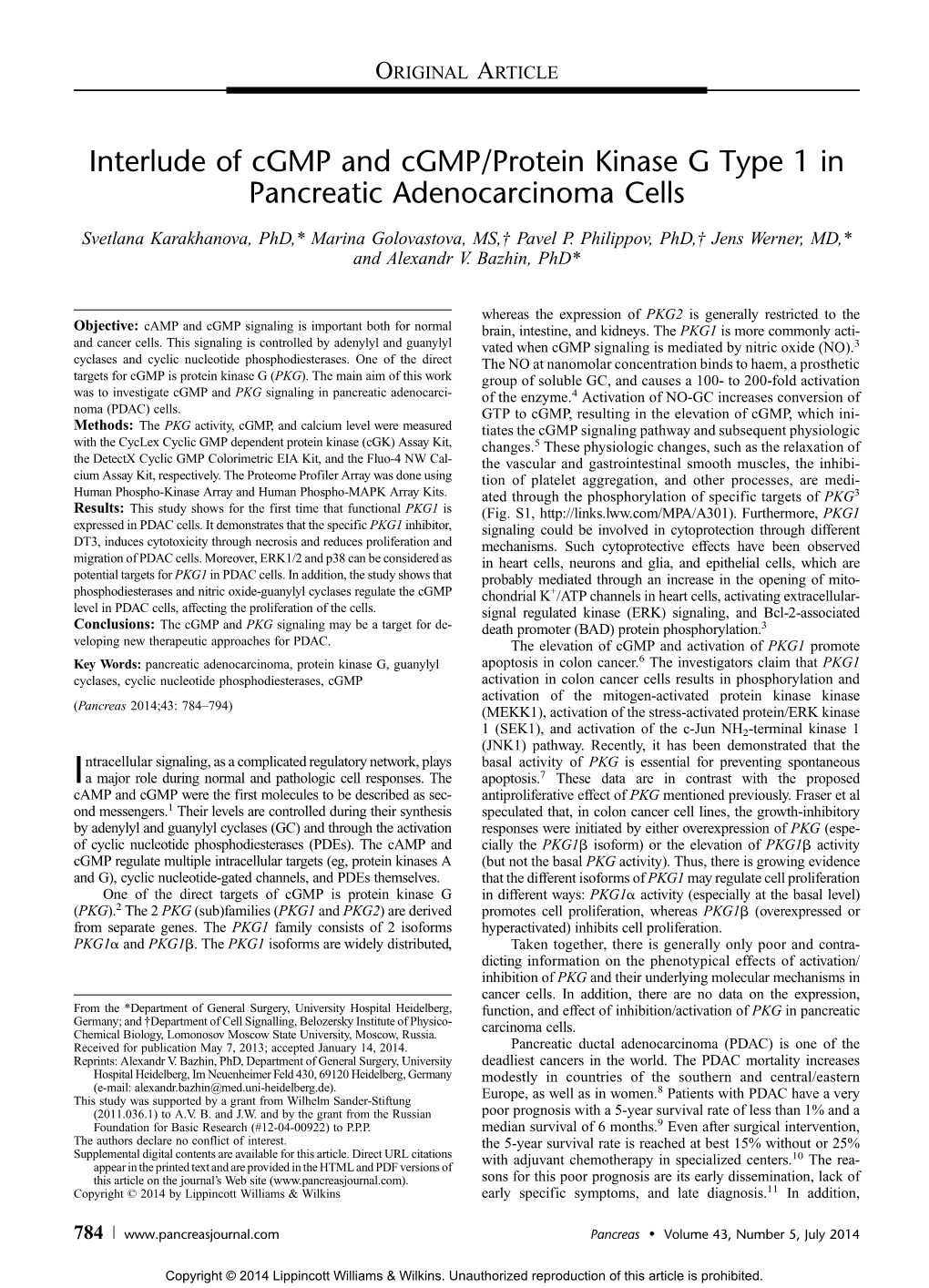 Interlude of Cgmp and Cgmp/Protein Kinase G Type 1 in Pancreatic Adenocarcinoma Cells