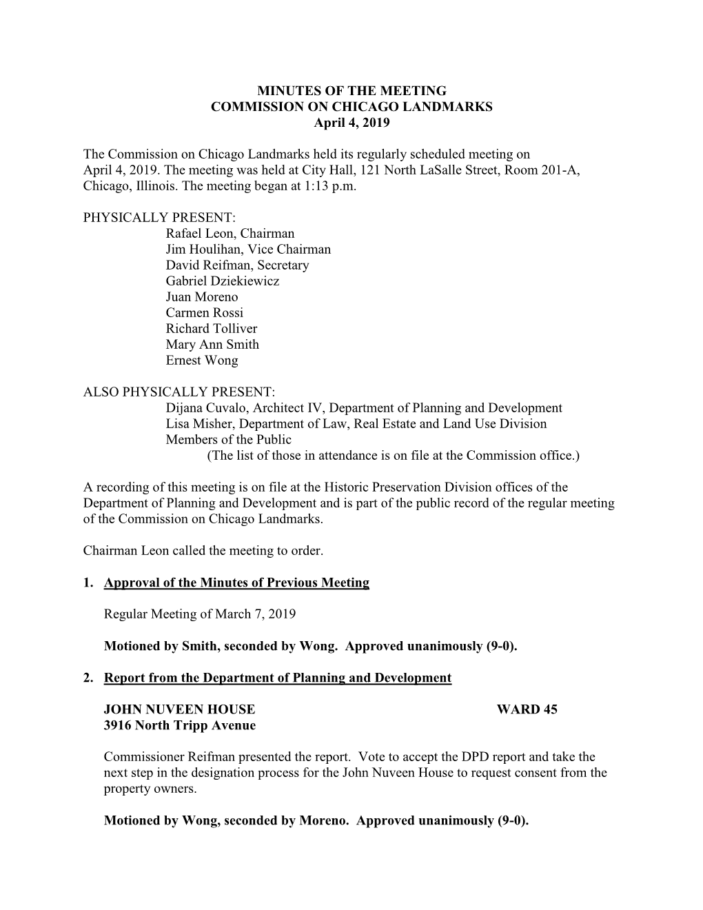 MINUTES of the MEETING COMMISSION on CHICAGO LANDMARKS April 4, 2019