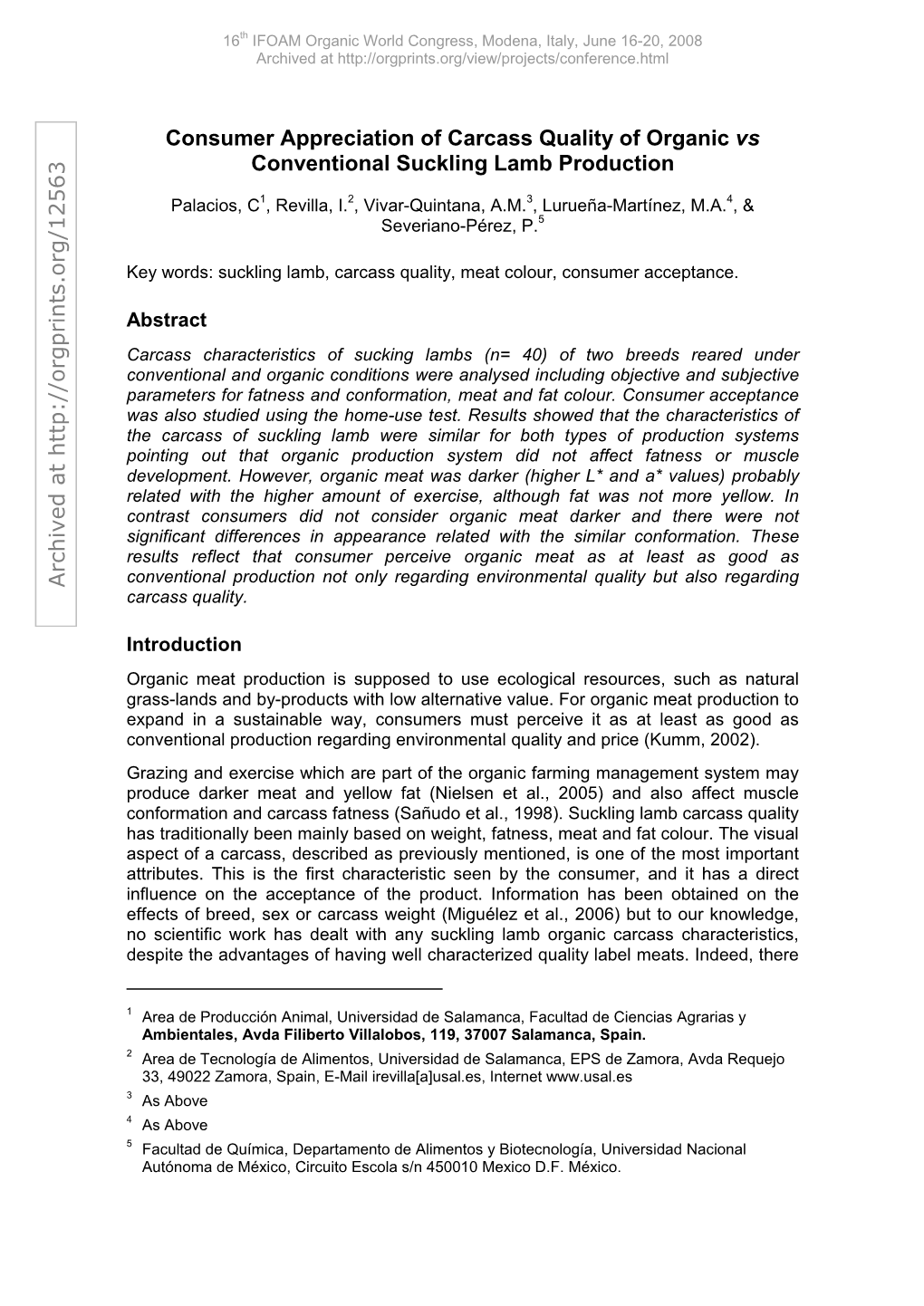 Consumer Appreciation of Carcass Quality of Organic Vs Conventional Suckling Lamb Production