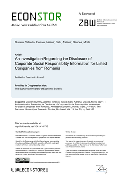 An Investigation Regarding the Disclosure of Corporate Social Responsibility Information for Listed Companies from Romania