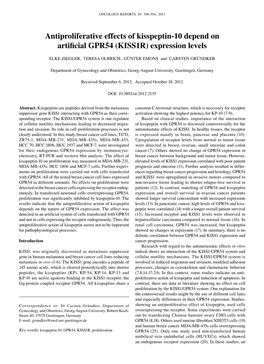 Antiproliferative Effects of Kisspeptin‑10 Depend on Artificial GPR54 (KISS1R) Expression Levels