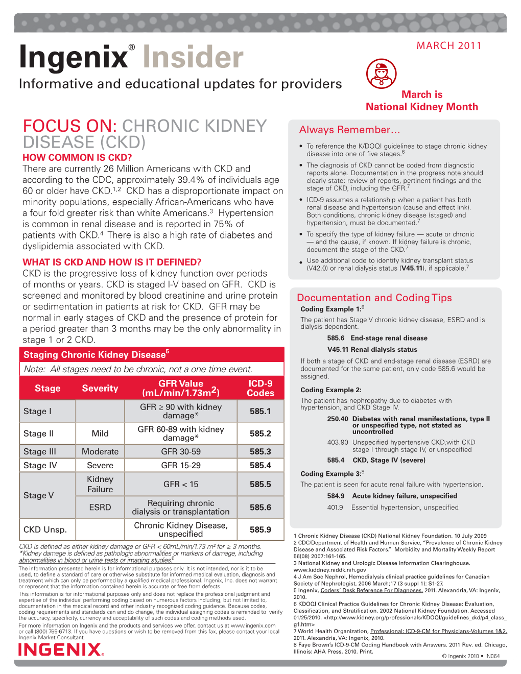 Ingenix® Insider March 2011 Informative and Educational Updates for Providers March Is National Kidney Month