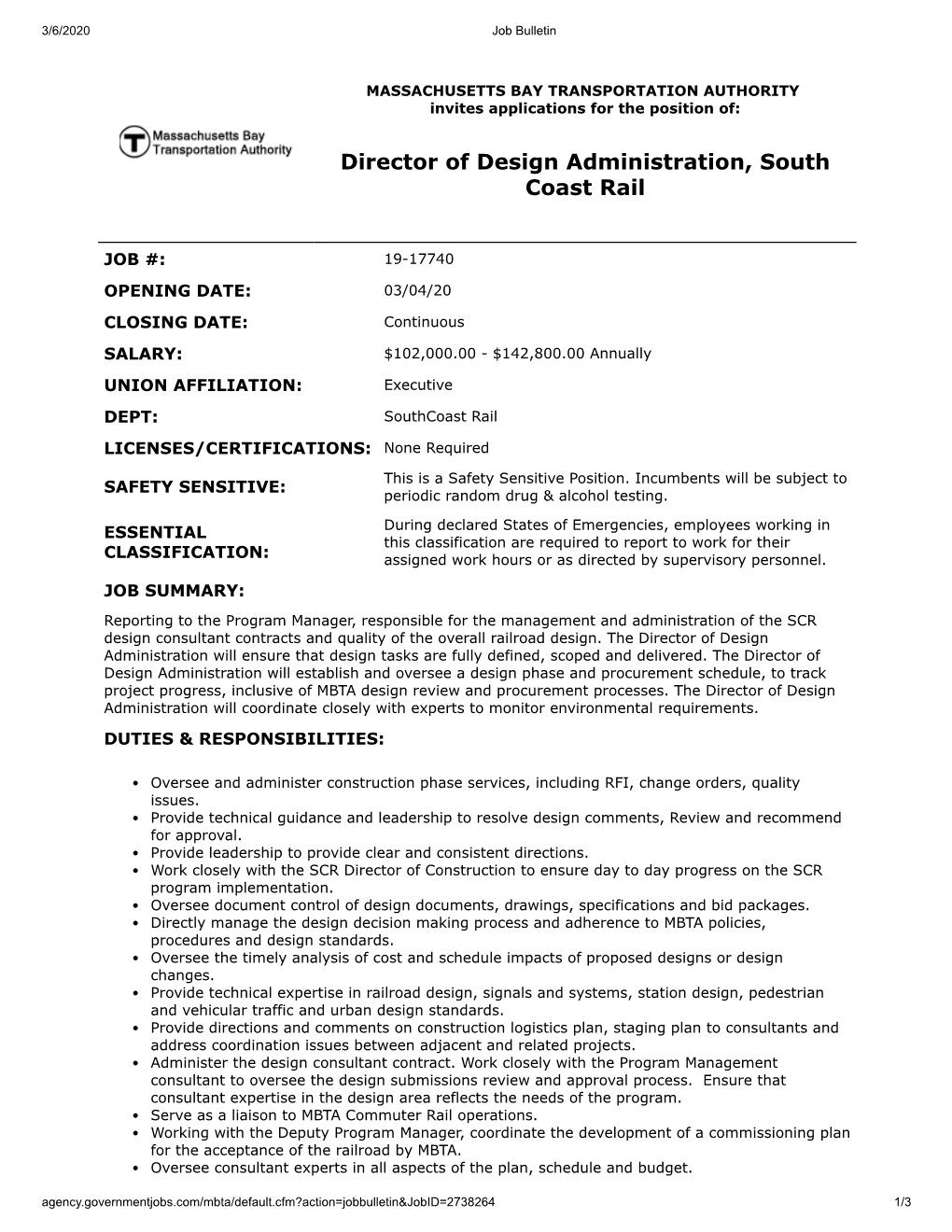 Director of Design Administration, South Coast Rail