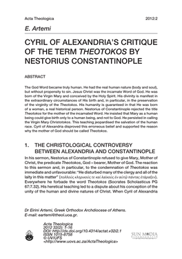 Cyril of Alexandria's Critique of the Term Theotokos by Nestorius