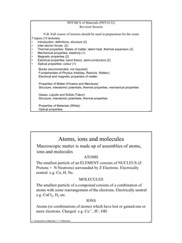 Atoms, Ions and Molecules