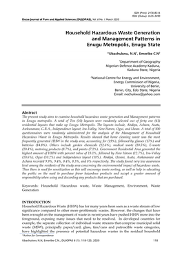 Household Hazardous Waste Generation and Management Patterns in Enugu Metropolis, Enugu State