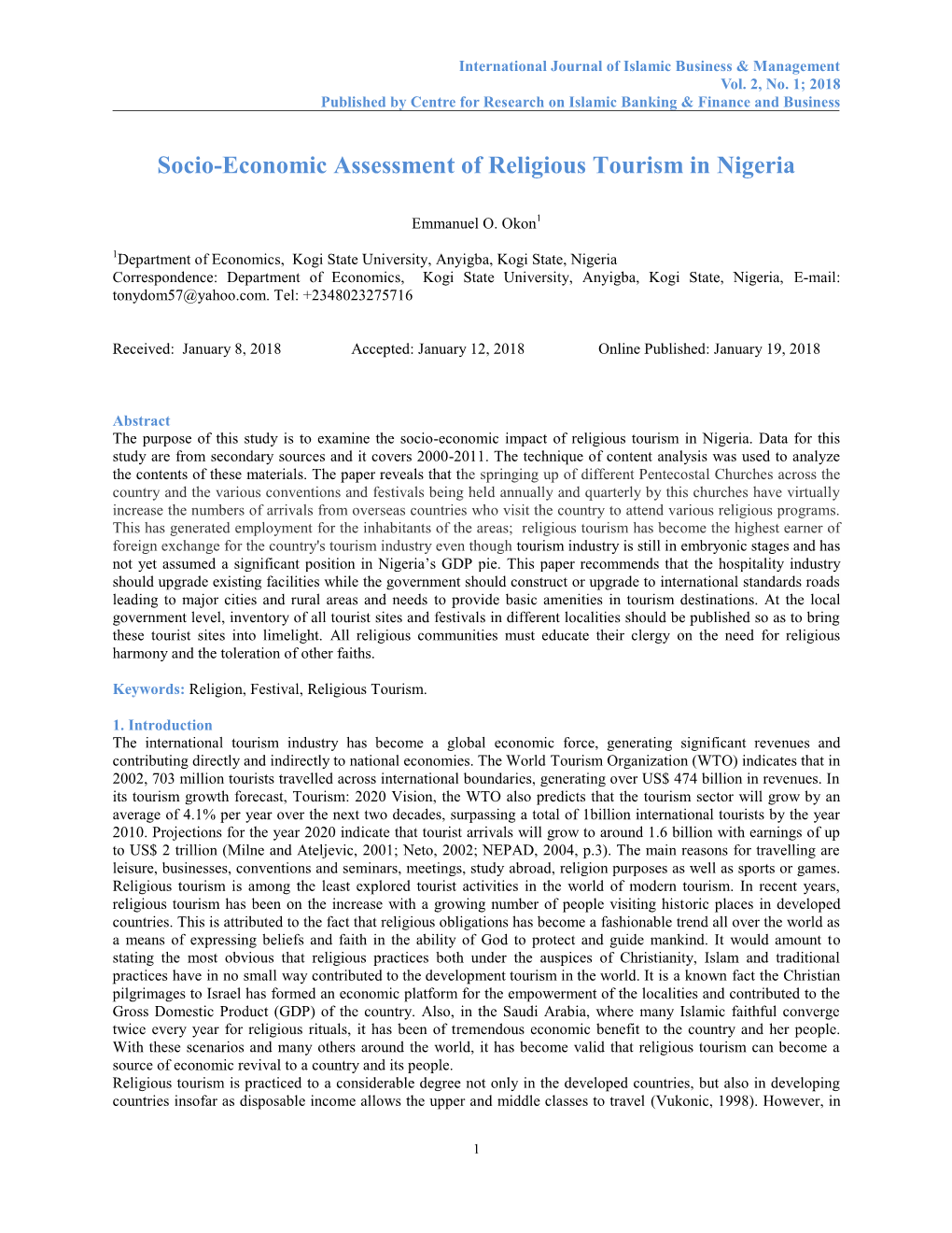 Socio-Economic Assessment of Religious Tourism in Nigeria