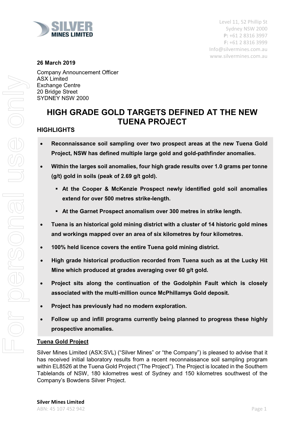 High Grade Gold Targets Defined at the New Tuena Project Highlights