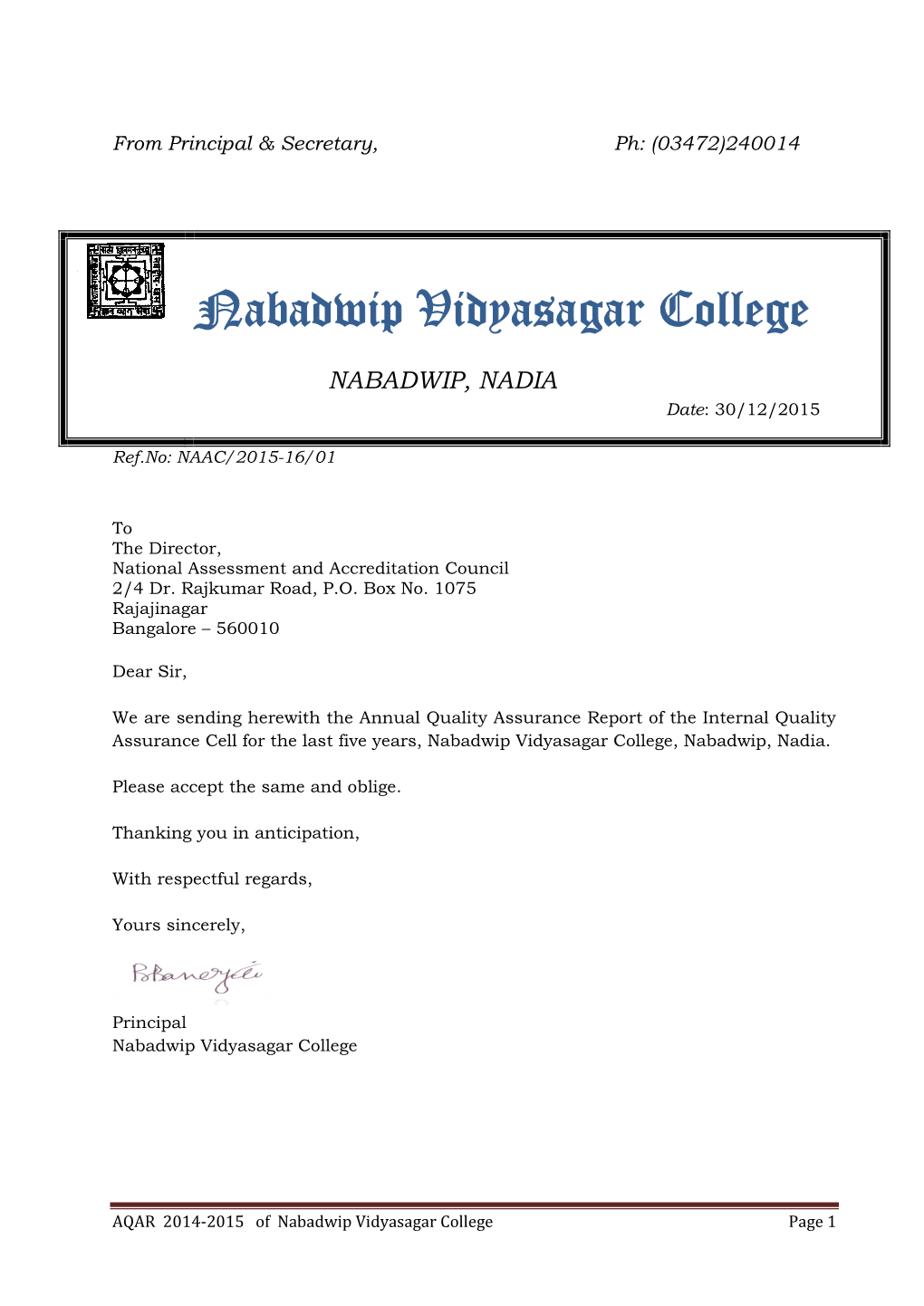 AQAR 2014-2015 of Nabadwip Vidyasagar College Page 1