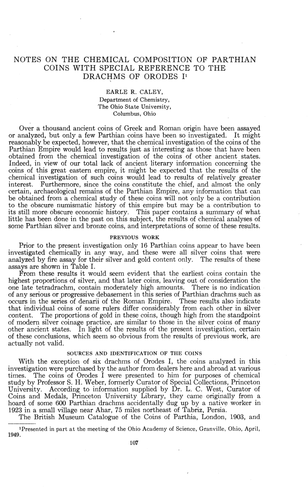 Notes on the Chemical Composition of Parthian Coins with Special Reference to the Drachms of Orodes I1