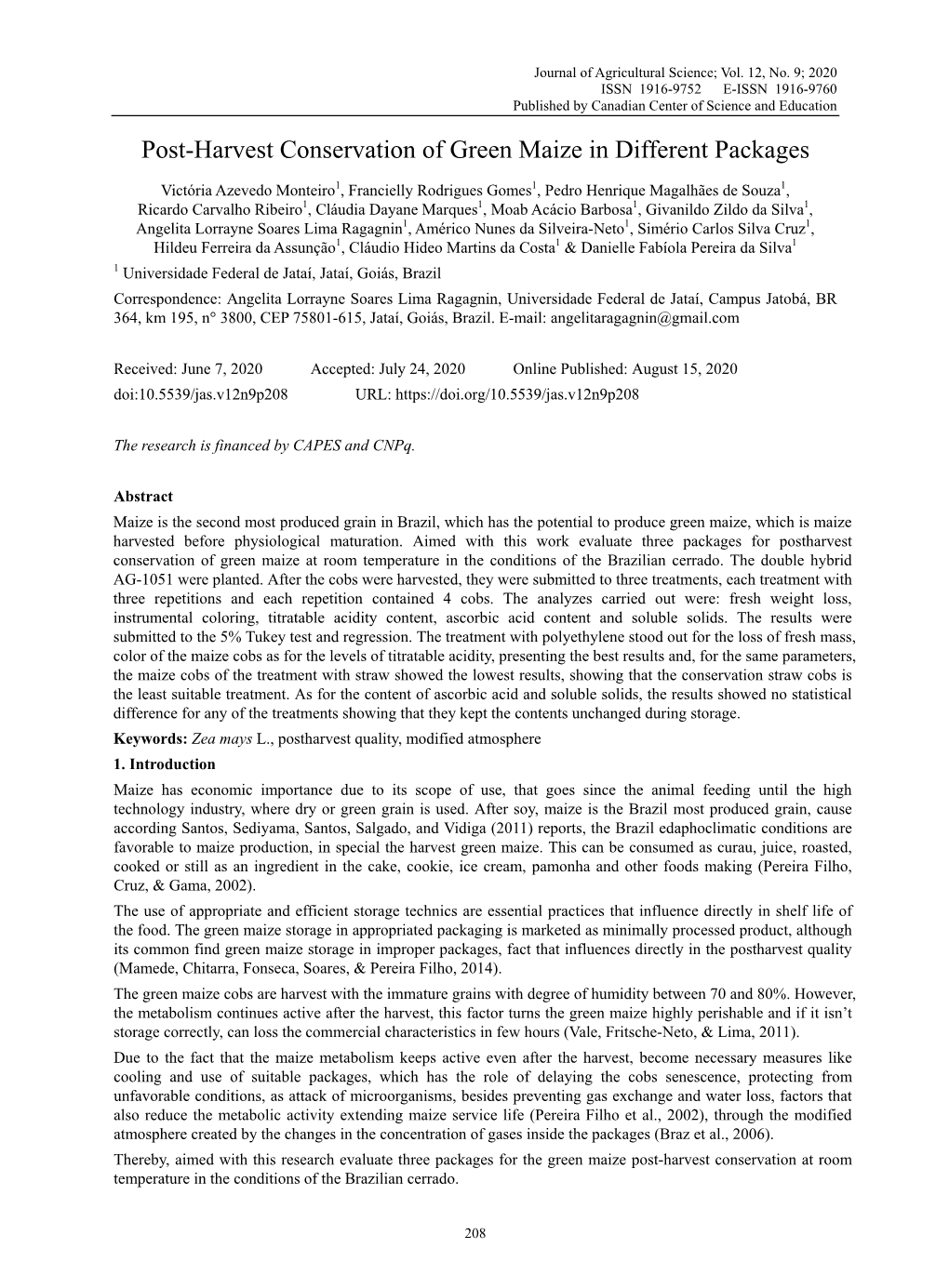 Post-Harvest Conservation of Green Maize in Different Packages