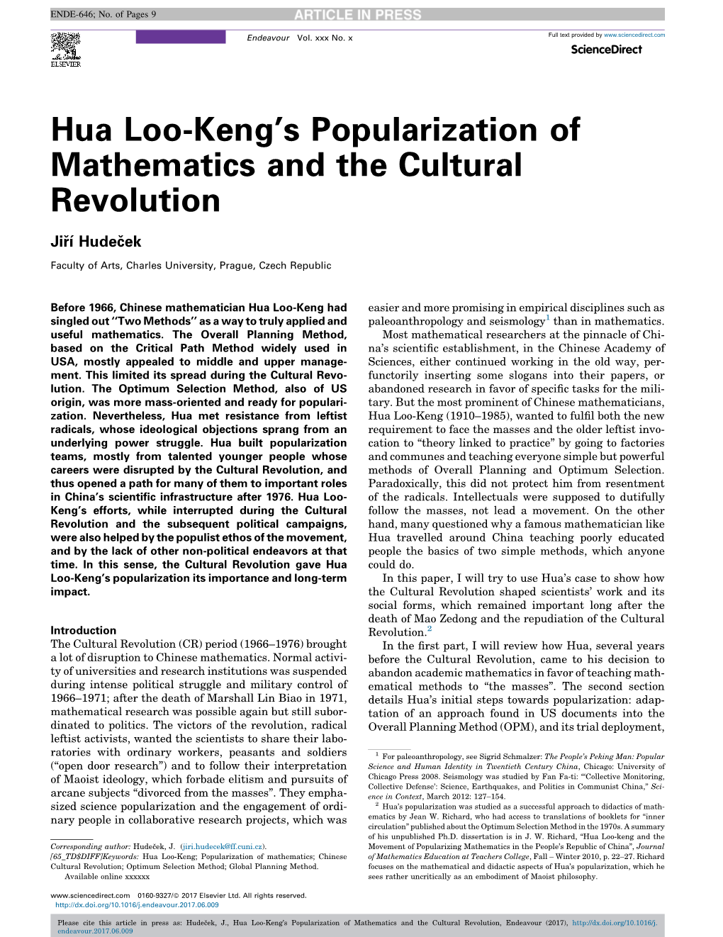 Hua Loo-Kengￃﾢￂﾀￂﾙs Popularization of Mathematics and the Cultural