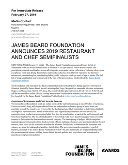 James Beard Foundation Announces 2019 Restaurant and Chef Semifinalists