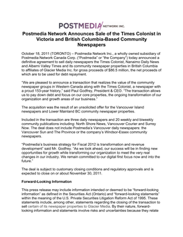 Postmedia Network Announces Sale of the Times Colonist in Victoria and British Columbia-Based Community Newspapers