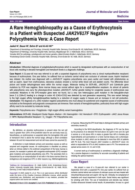 A Rare Hemoglobinopathy As a Cause of Erythrocytosis in a Patient with Suspected JAK2V617F Negative Polycythemia Vera: a Case Report