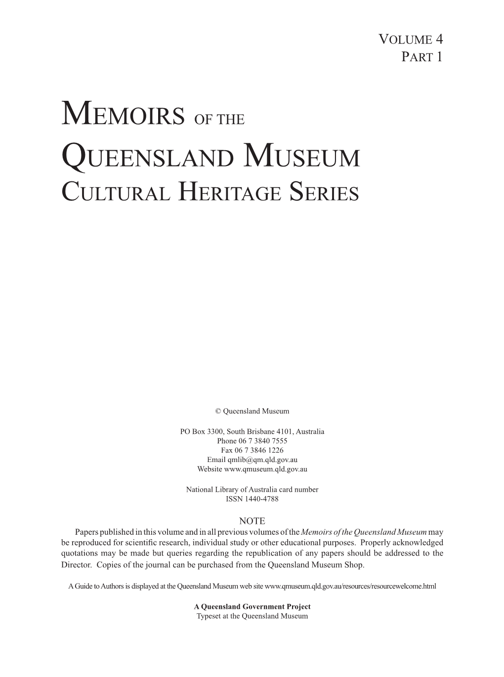 Memoirs of the Queensland Museum Cultural Heritage Series