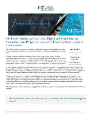 CG Petsky Prunier Advises Global Digital and Brand Strategy Consulting Firm Prophet on Its Growth Financing from Gladstone and Comerica