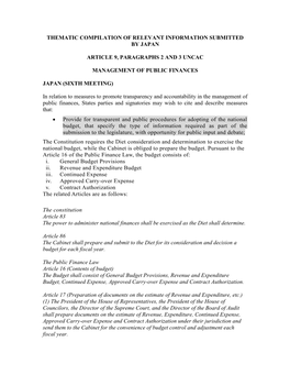 Thematic Compilation of Relevant Information Submitted by Japan Article 9, Paragraphs 2 and 3 Uncac Management of Public Finance