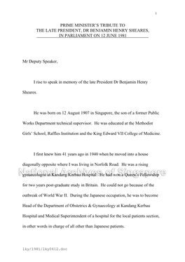 PRIME MINISTER's TRIBUTE to the LATE PRESIDENT, DR BENJAMIN HENRY SHEARES, in PARLIAMENT on 12 JUNE 1981 Mr Deputy Speaker